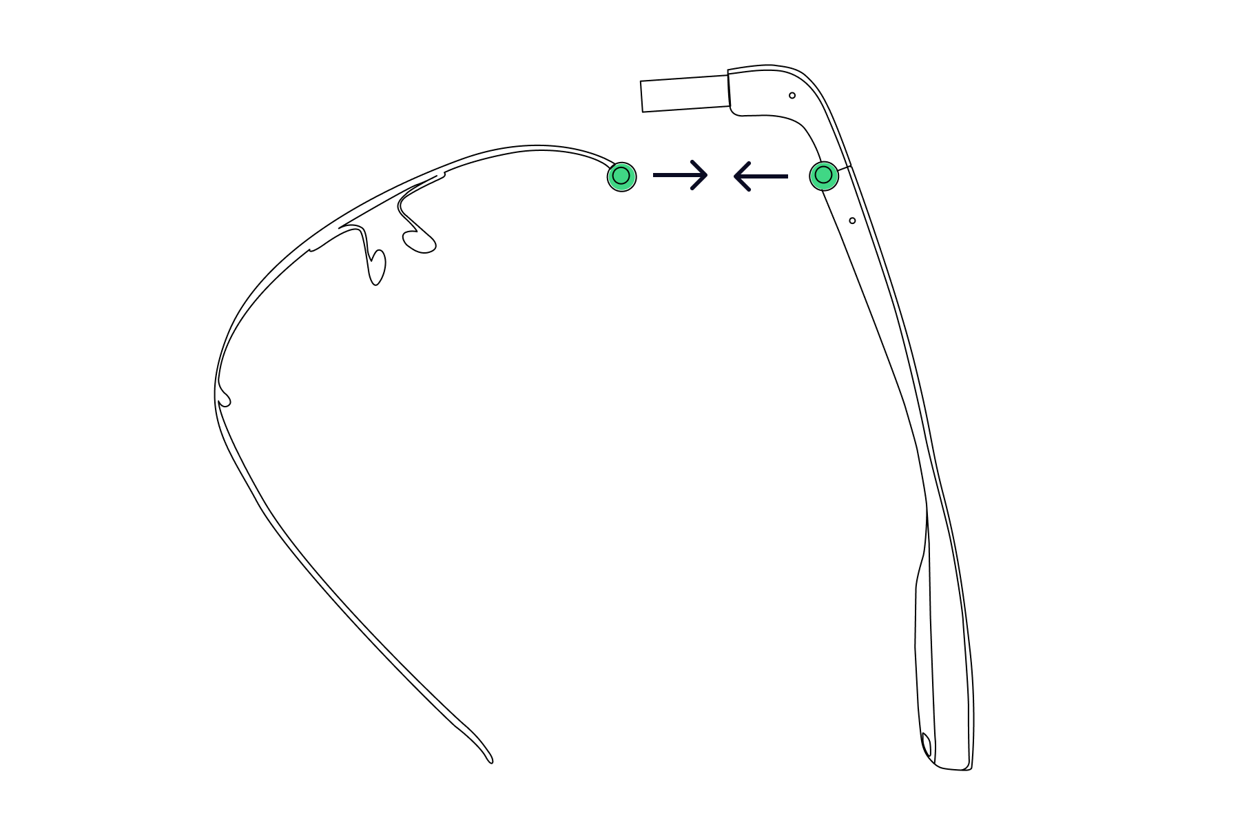 Illustration of how to assemble the Envision Glasses. The attachment of the Envision glasses body and titanium frame is presented. It is indicated where to connect the Envision glasses body and titanium frame. This is the top right corner of the Envision Glasses Body and the right most corner of the titanium frame.