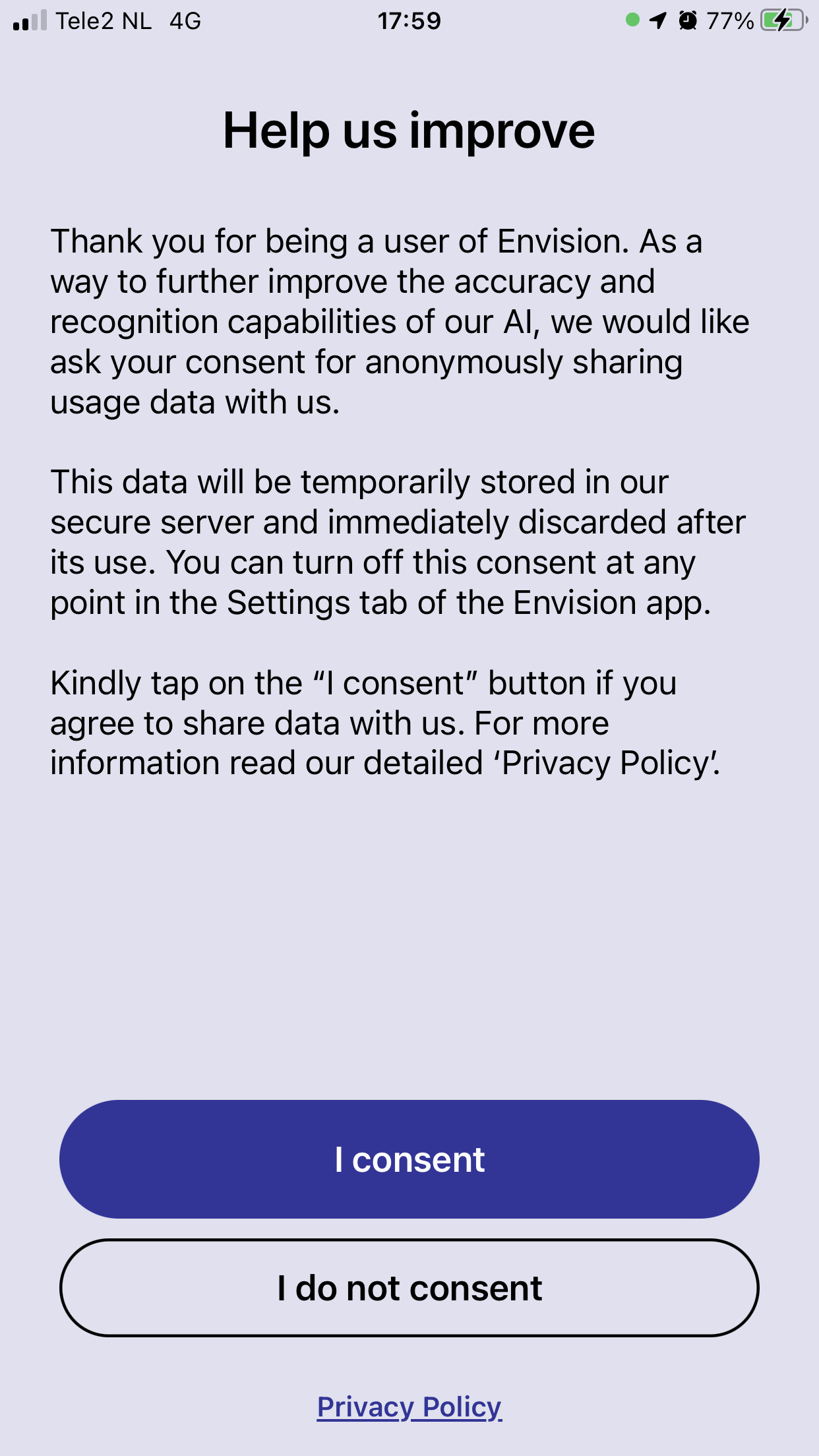 Screenshot of the Data Sharing Consent message