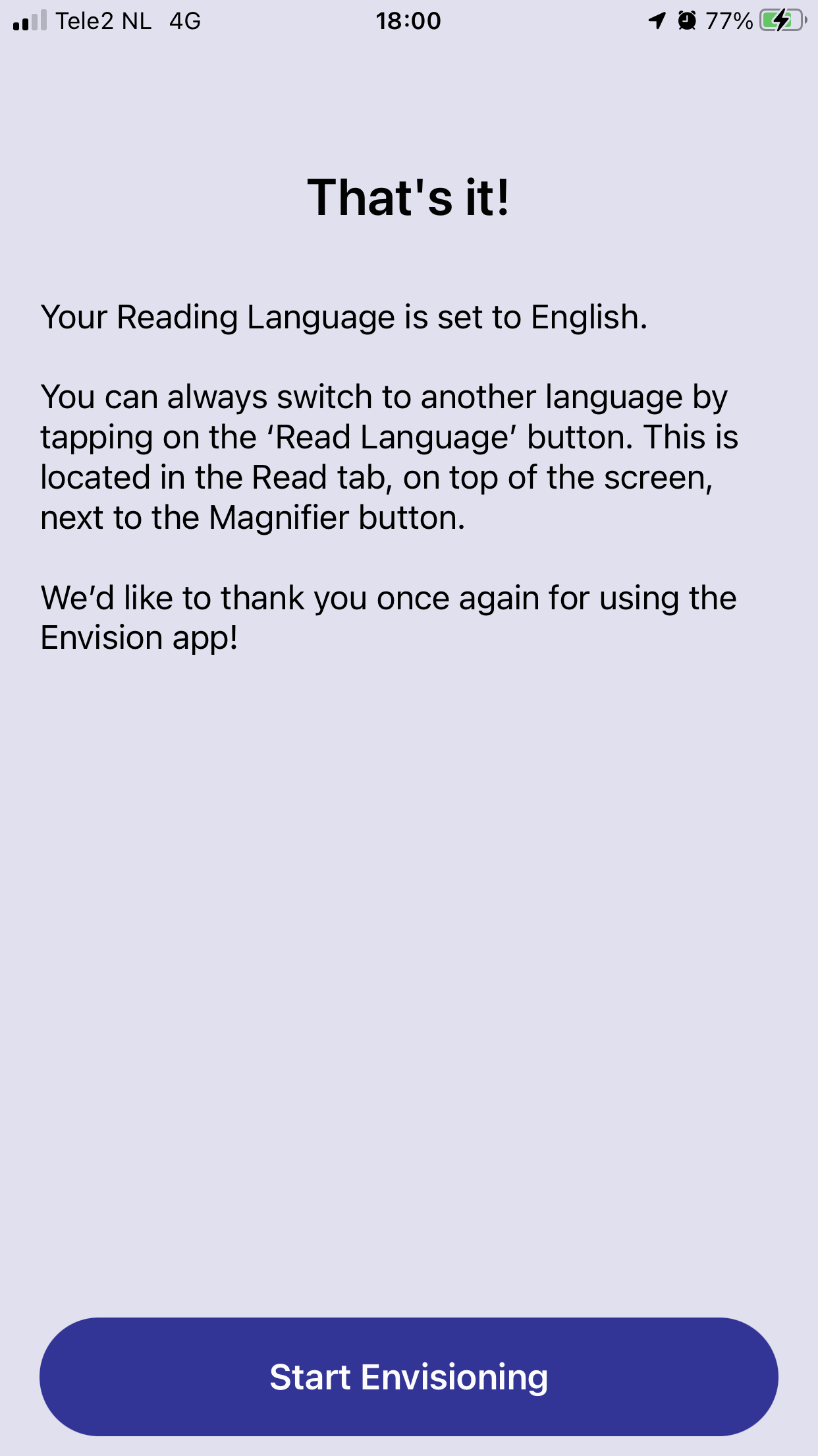 Screenshot of Reading Language Confirmation, once selected you can tap on Start Envisioning