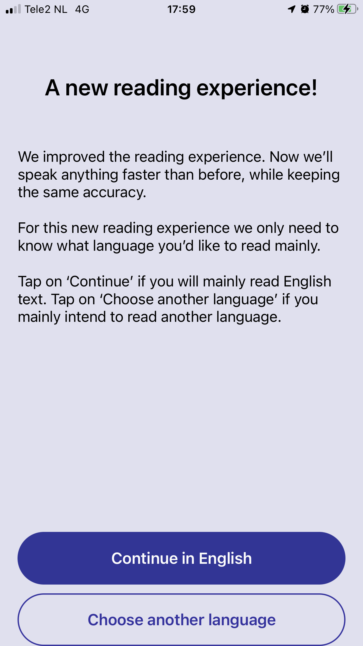 Screenshot of A New Reading Experience Screen in which you can select your preferred reading language