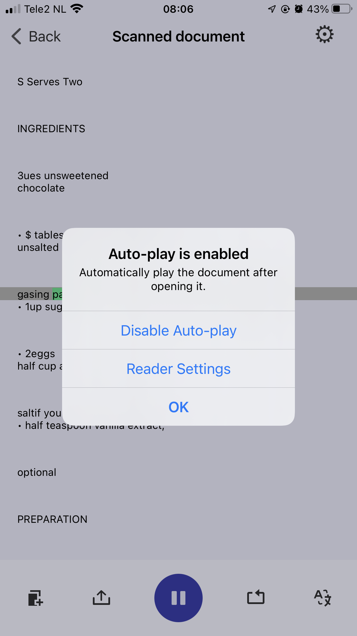 Screenshot of the pop up shown when opening the reader when using Scan Text for the first time. The first time, the app ask for autorization to enable or disable the Auto-play feature on the reader.