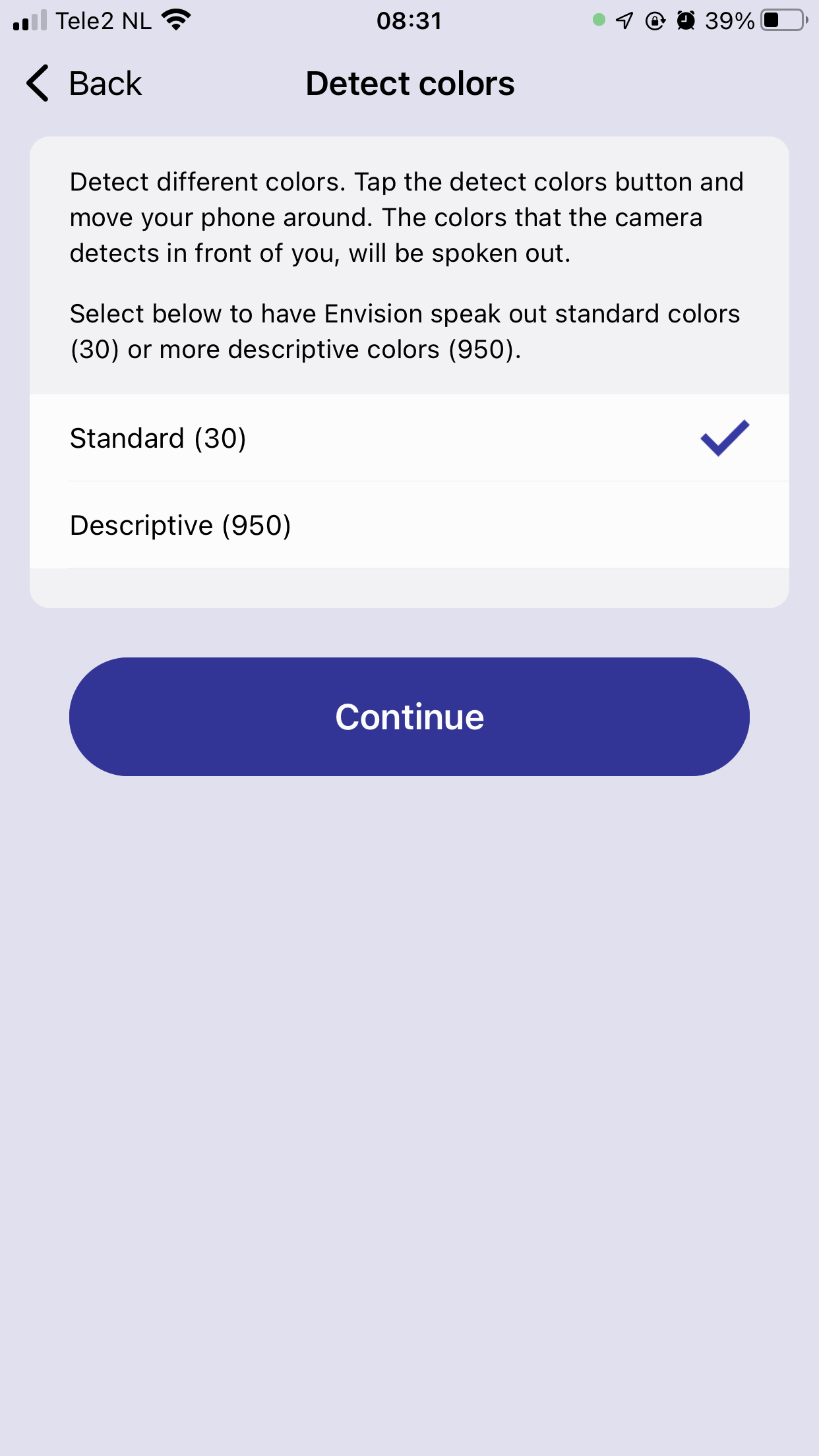 Detect Colors onboarding with overall feature explanation